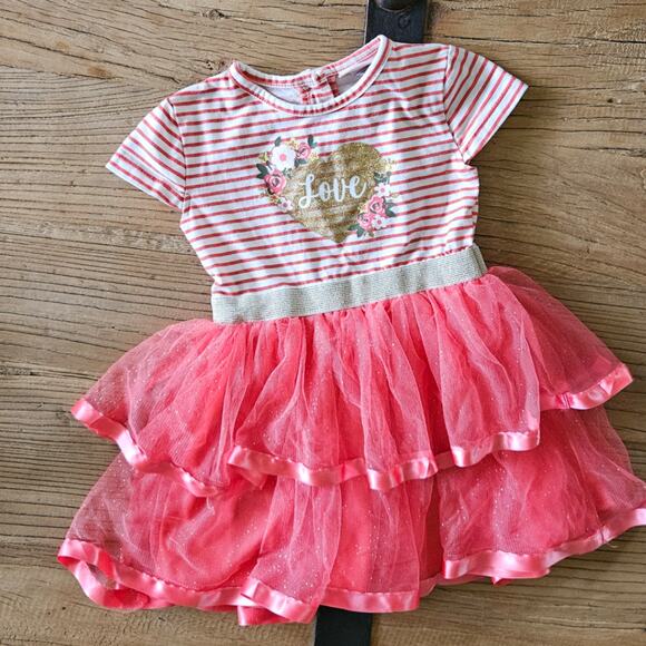Little Lass Peach and White Stripe and Tulle Short Sleeve Dress sz 24M - Picture 1 of 5